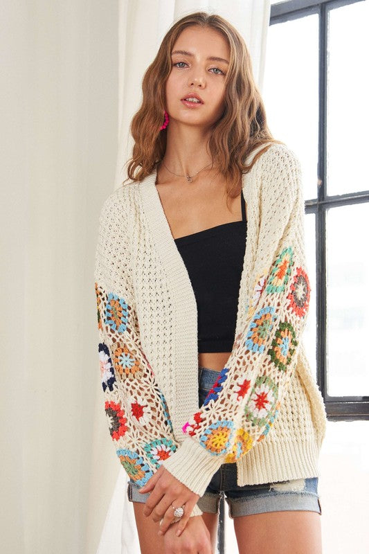 ADORA Full Size Contrast Crochet Open Front Long Sleeve Cardigan ...